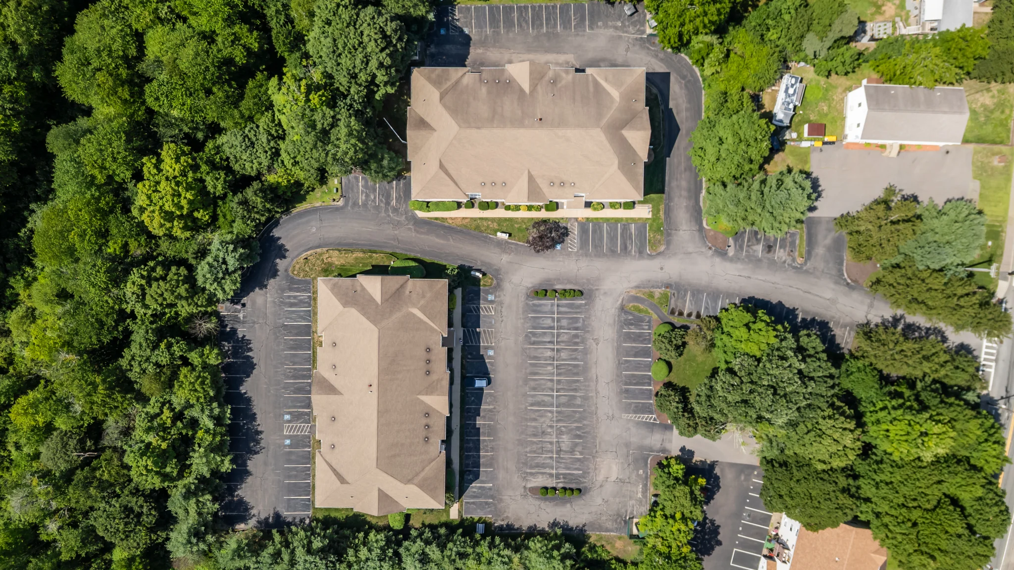 Bird's-eye view of the Chestnut Park Apartments community and its wooded surroundings.